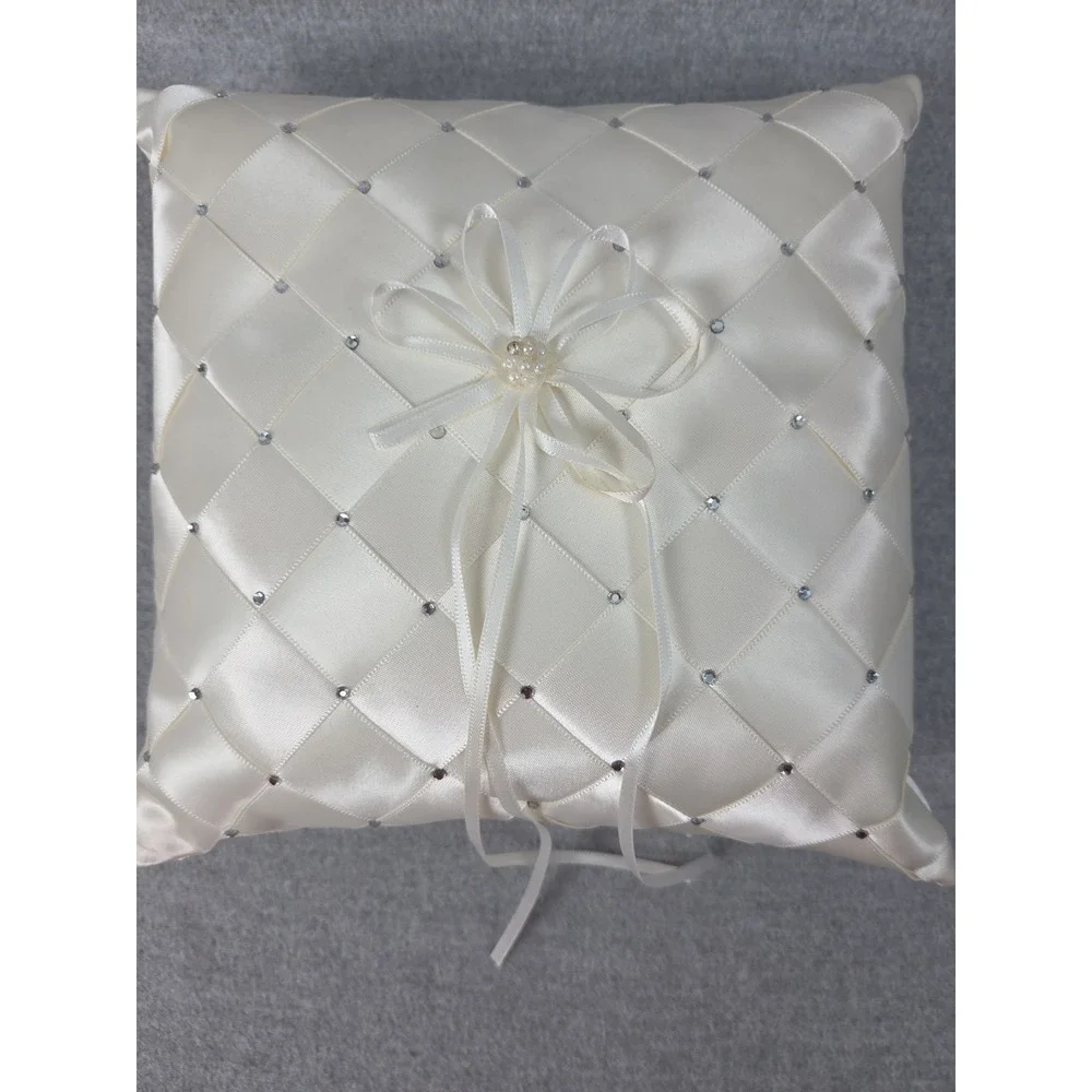 Ivory‎ Satin Crystal Beaded Gems Wedding Ring Bearer Pillow Faux Pearl Accent